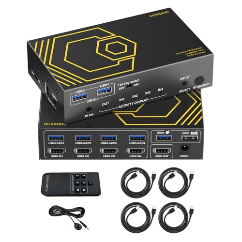 HDMI KVM Switch USB 3.0 4 Ports with Hotkey 4K 60Hz 18Gbps Share 4 Computers with one Keyboard Mous HDR D-olby Vision HDCP2.2 Remote Control USB3.0 CableX4
