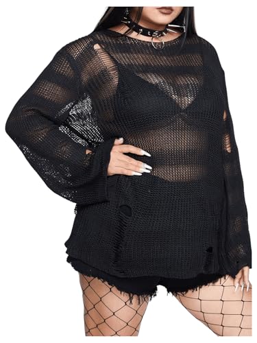 SHENHE Women's Plus Size Ripped See Through Bell Sleeve Sexy Grunge Distressed Sweater Pullover3