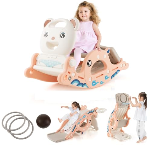 Costzon 4 in 1 Toddler Slide Rocking Toy, Slide for Kids with Basketball Hoop and Ring Game, Rocking Horse, Foldable Climber Playground Slide for Both Indoors Outdoor Use (Pink Ocean), YMHT1003