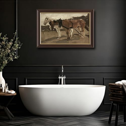Image of Vintage Framed Work Horses Canvas Wall Art, Antique Farm Animal Painting, Neutral Tone Rustic Wall Decor for Living Room Bedroom Farmhouse Aesthetic