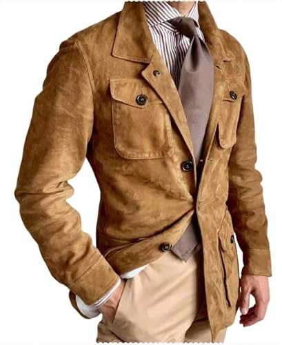 Mens Suede Leather Blazer 3 Button Coats Slim Fit Suit Jacket for Wedding Prom