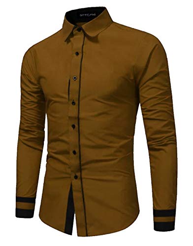 Image of DEELMO Men's Cotton Casual Full Sleeve Shirt Crafted from a Comfortable Blend, Stylish Self-Design with a Button-Down Collar, Versatility for Daily, Casual Occasions (42, Brown)