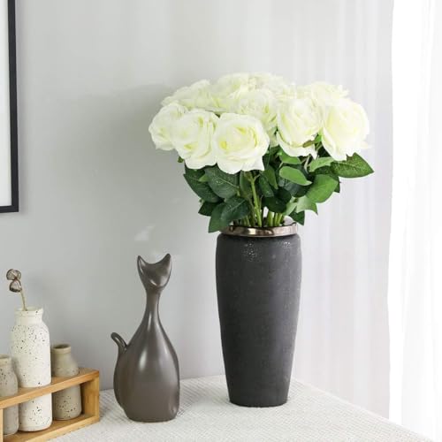 Image of Dekorly Artificial Fake Roses Flowers - 10 Pcs Fake Artificial Roses Silk Flowers with Stems for Home Room Tabletop Wedding Hotel Office Centerpiece Decor | Height 18 Inch (White)