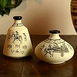 ExclusiveLane Terracotta Warli Handpainted Miniatures Set of 2 Pots in White - Decorative Terracotta...