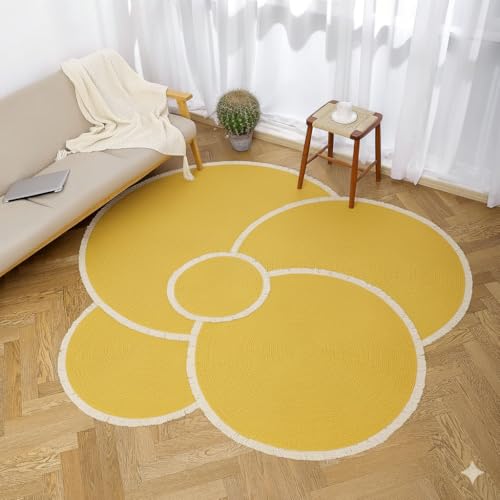 Image of Cotton Round Carpet 3x3 feet - Handmade Braided Boho Rug for Living Room, Bedroom & Balcony - Soft Washable Floor Mat, Color -Yellow