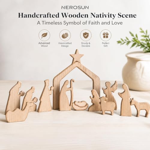 Image of NEROSUN Nativity Scene Set, 13Pcs Wooden Christmas Nativity Scene Miniature Holy Family Figurines, Minimalism Boho Tabletop Christmas Manger Decorations for Christan Indoor Home Mantel Display