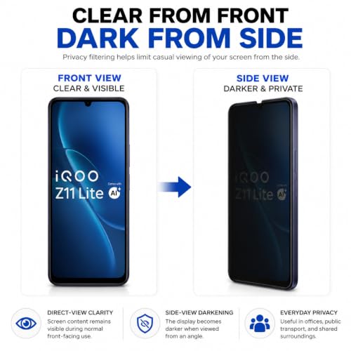 Image of ArmourPro Privacy Tempered Glass for IQOO Z11 Lite - Anti-Spy Anti Peeping Screen Protector, 9H Hardness, Edge-to-Edge Coverage, Ultra Thin, Bubble-Free Installation Kit | Black