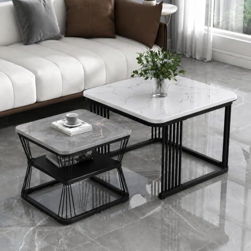 Image of Brown Art Shoppee Set of 2 Modern Coffee Tables with Marble Finish Top, Metal Frame, Nesting Center Table & End Table for Living Room Home Decor (Black & Grey-White)