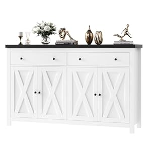 FOTOSOK Sideboard Buffet Cabinet with Storage, 55″ Large Kitchen Storage Cabinet with 2 Drawers and 4 Doors, Wood Coffee Bar Cabinets Buffet Table for Kitchen Dining Room, White and Black