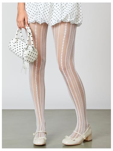 Image of RoseSeek Women's Floral Lace Fishnet Tights Kawaii Y2K See Through Stocking | Sheer Mesh, Lace Tights, Floral Lace Fishnet Tights, Thigh Highs, Leggings, Y2K Stockings