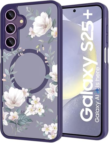 Image of VONZEE Compatible with Samsung Galaxy S25 Plus 5G Case Luxury Retro Flowers Floral Clear for Magnetic Wireless Charging Case Shockproof Case PC+TPU Cute Glossy Shiny Cover for Girls Women, Deep Purple