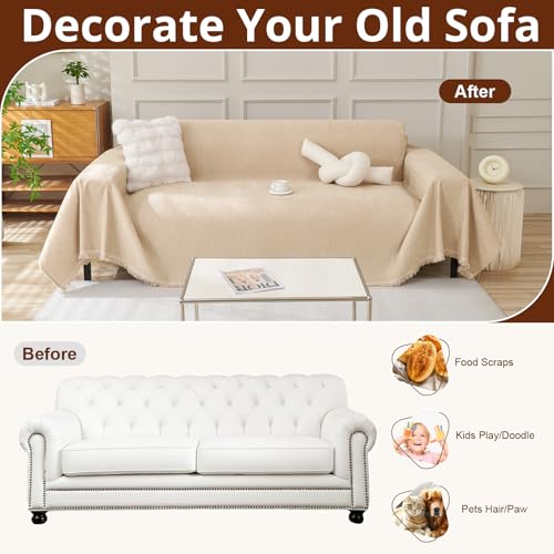 Royhom Sofa Überzug Chenille, Sofabezug L Form, Couch Überzug Ecksofa, Sofaüberwurf 2 Sitzer, Couch Überwurf mit Deko Quasten, Braun Sofa Überwurf(Khaki, 180x260cm)