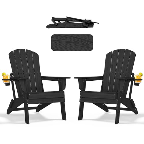 nevilywood Folding Adirondack Chair - Extended Ergonomic Backrest, Cup Holder - Easy Assembly - Durable HDPE Plastic, Weather Resistant & Maintenance-Free - Lawn, Patio, Deck Supports 380lbs Black