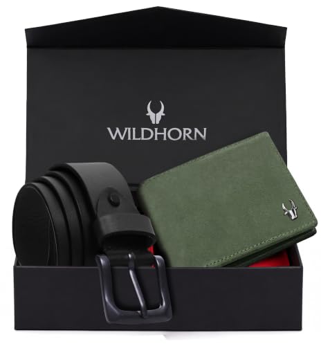 Image of WildHorn Gift Hamper for Men I RFID Protected Leather Wallet & Belt Combo Gift Set I Gift for Friend, Boyfriend,Husband,Father, Son Etc (Jade Black & Green Hunter)