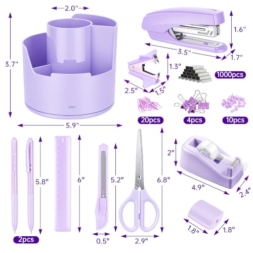 deli Purple Office Supplies, 14 in 1 Desk Accessories Set with 360° Rotary Desk Organizer & Phone Stand, Stapler Pencil Holder for Home, School, Office Supply Kit for Women Students - Image 3