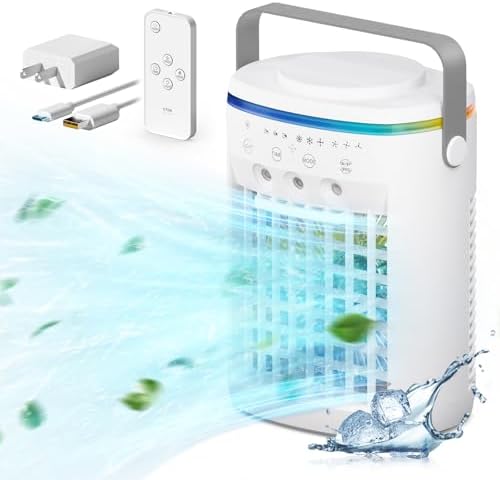 Portable Air Conditioner, Evaporative Air Cooler, 2-4-8H Timer Auto-Off &Remote, Water Tank, Three ultrasonic nozzles, 3-Speed Personal Air Conditioner Cooling Fan
