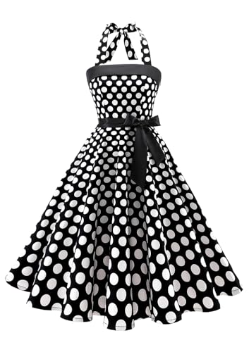 Timormode Damen Vintage Cocktailkleid Knielang Neckholder Swing Retro Rockabilly Kleid M Groß Schwarz Weiß