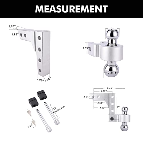 Onltco Ball Mount Hitch Adjustable 6 Inch Drop/Rise Includes 2" & 2-5/16" Chrome Steel Dual Balls, 2 Pcs 5/8" Hitch Lock, Aluminum Trailer Hitch For Vehicles, Boats, Fits 2" Receiver, 10000 Lbs. Gtw. #TOP2