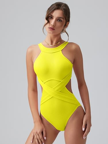 Image of OQQ Women's One Piece Swimsuits Tummy Control High Waisted Cross Bathing Suit Wrap Tie Back 1 Piece Swimwear