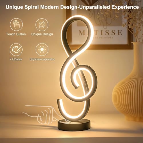 LEIP RGB Modern Table Lamp, LED Spiral With Music Note Design, Black Bedside With 7 Colors 10 Light Modes, Touch Dimmable Nightstand for Bedroom Living Room Home Office, 17W