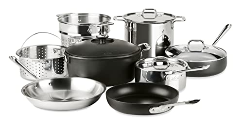 All-Clad Multi Material, Tri-Ply Stainless Steel, HA1, Cast Aluminum Cookware Set 12-Piece, Oven Broiler Safe 500F, Kitchen Set w/ Fry Pans, Sauce pan, Sautepan, Cocotte, Multipot, Lids, Silver/ Black