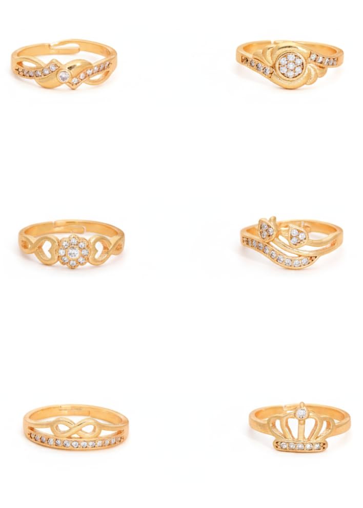 brado jewellery combo of 6 Gold Plated ad american diamond Adjustable free size Rings Combo for Women & Girls | Stylish Fancy Ring Set | Heart & Stone Design | for Daily use (JR 2)-picture-15