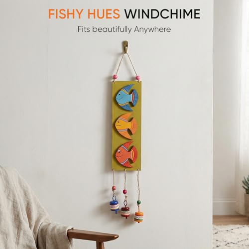 Image of Aakriti Art Creations Fishy Hues Windchime Multicolor | Handmade Modern Art Wooden & Metal Wind Chime | Matte Decorative Wind Chimes for Balcony, Garden, Living Room & Gifting