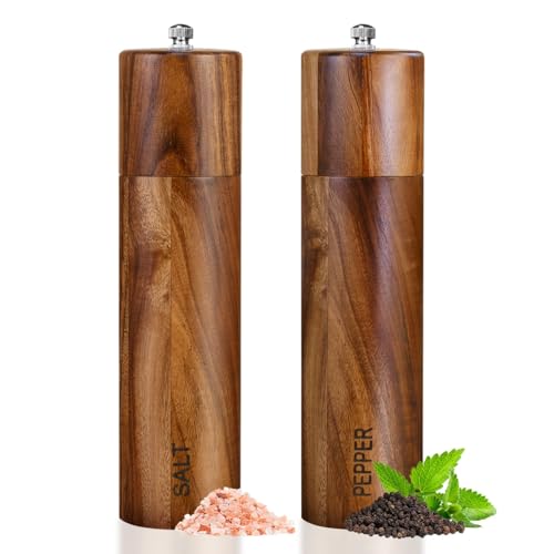 Salz und Pfeffermühle Holz 2er Set Manuelle Pfeffermühle Keramikmahlwerk Salzmühle Gewürzmühle mit untersetzer Verstellbarem für Gewürze Pfeffer Salz