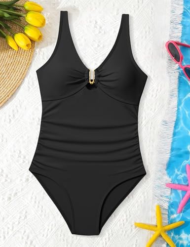 Girls Swimsuit Ruched V Neck One Piece Bathing Suit with Adjustable Straps Solid Color Girls' Swimwear 9-16T2