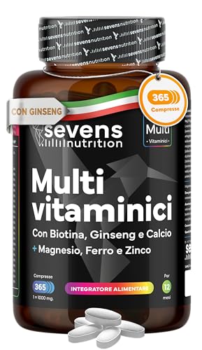 Multivitaminico Completo - Integratori Stanchezza con 24 Vitamine e Minerale - 365 Compresse Vegane (Scorta per 1 Anno) - Con Vitamine A,B,C,D,E,K + Magnesio, Biotina, Zinco e Ginseng - Sevens