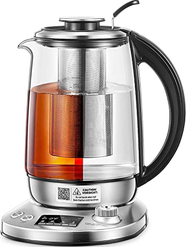 FOHERE Bouilloire électrique, Théière en verre de 1,7 L avec infuseur amovible et 9 préréglages originaux, contrôle précis de la température de 60°C à 100°C, Bouilloire à eau rapide avec indicateur