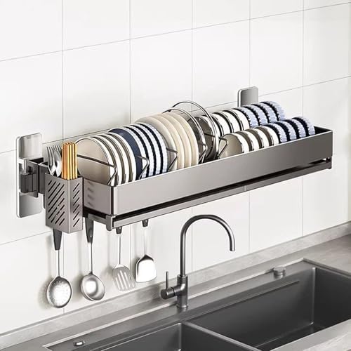 Wall-Mounted Carbon Steel Dish Drying Rack - Rust-Resistant Kitchen Organizer with Removable Drip Tray & Drain Board, Space-Saving Storage for Dishes & Utensils