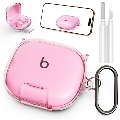 Geekboy Case for Beats Powerbeats Fit 2025, Clear TPU Protective Cover with Premium Metal Carabiner & Cleaning Kit, Shockproof Skin for Powerbeats Fit Case Cover (Clear Pink)