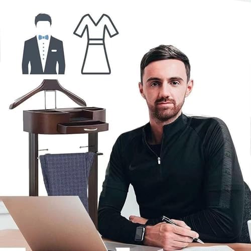 Valet Stand for Men and Women, Freestanding Clothes Rack with Drawer and Top Tray, Wooden Clothes Stand with Trouser Bar for Bedroom and Office