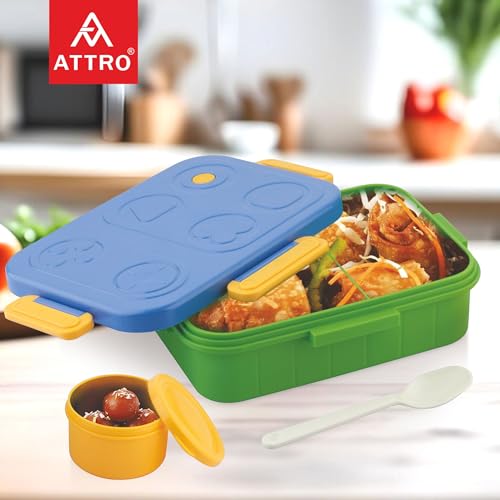 Image of ATTRO TicTac Plastic Lunch Box - 3 Compartment Bento Tiffin, Leak-Proof & Durable, Ideal for Kids, School, Picnic- 1200ml+80ml, Blue Green