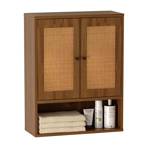 Boho Rattan Bathroom Wall Cabinet with Double Doors