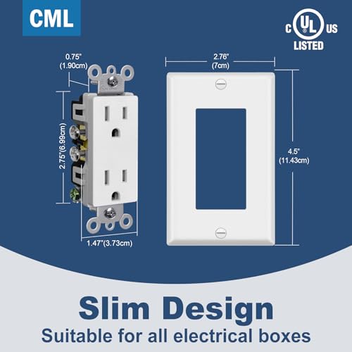 Image of CML 100 Pack 15 Amp Tamper Resistant Receptacle Outlet, UL Listed | Decorator Electrical Outlets, 15A /125V, NEMA 5-15R, Wall Plates Included, for Home, Office & Commercial Use, Matte White