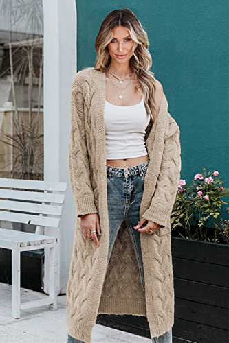 Ziwoch Women's Long Cardigan Coats Cable Knit Casual Open Front Long Sleeve Loose Sweater With Pockets Beige #TOP2