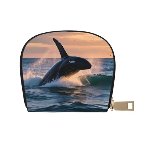 CrashingWaves and Whales Print Credit Card Holder, PU Leather Small Card Bag Wallets with Zipper for Women Men id Business Card