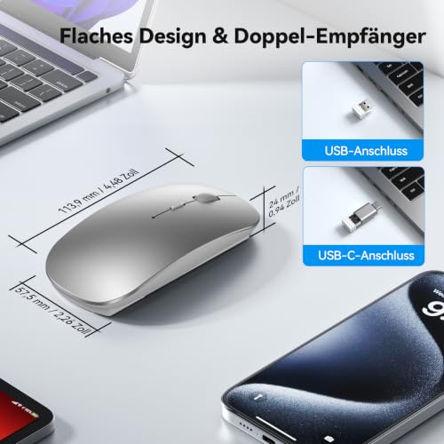 TECKNET Bluetooth Maus USB-C & USB-A, Slim Kabellose Maus mit 4 Tasten – Ansicht 6