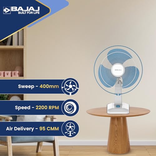 Image of Bajaj Shield Series Robusto High Speed 400MM Table Fan For Home | Durastorm Technology | Surge Protection | 100% Copper Motor | High Air Delivery | 3 Years Warranty 【Blue & White】