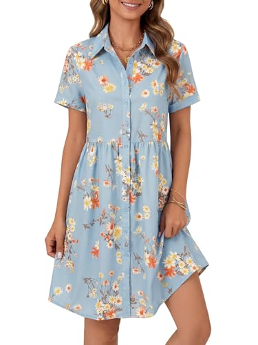 Image of Rooscier Women's Striped Shirt Dress Button Down Collared Short Sleeve Mini Dress