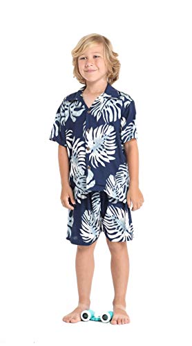 Image of Boy Hawaiian Shirt and Shorts Cabana Set in Palm Leaves in Navy Size 8