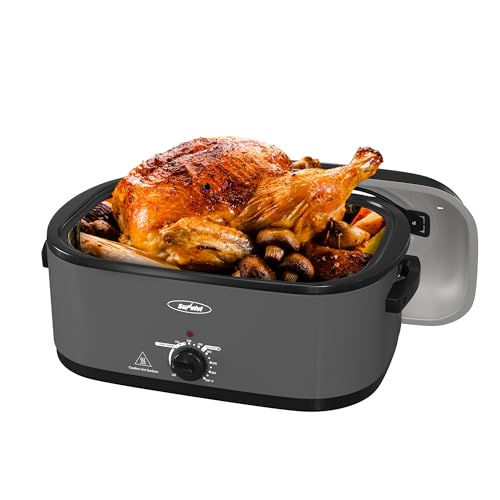 Sunvivi Roaster Oven, Electric Roaster Oven with Viewing Lid, 30lb 26-Quart Turkey Roasters with Unique Defrost/Warm Function, Large Roaster with Removable Pan & Rack, Stainless Steel, Grey by SUNVIVI - Used condition - US$96.50