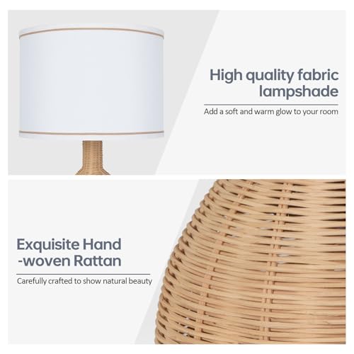 VELXEE Rattan Table Lamp Set of 2 - Natural Woven Design, 15W LED Bulb Included, Modern Boho Style Nightstand Lamps for Bedroom, Living Room, or Office Decor — view 5