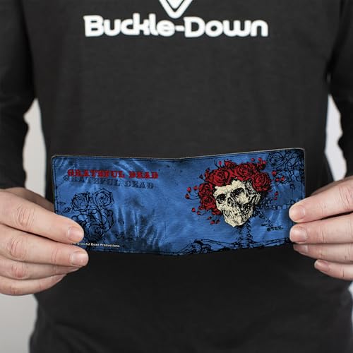 Buckle-Down Men's PU Bifold Wallet-Skull Grateful Dead/Roses Blues/Black/Red, Multicolor, 4.0" x 3.5"4