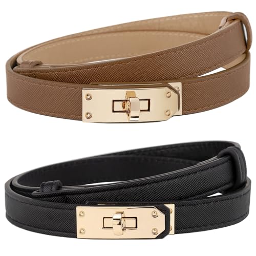 AlGuirnex 2 Pack Womens Slim Belts Adjustable PU Leather Waist Belt (55-95cm) Gold Alloy Buckle Ladies Thin Waistband Decorative Belt for Dresses Jean Trousers Coats (Black & Brown)