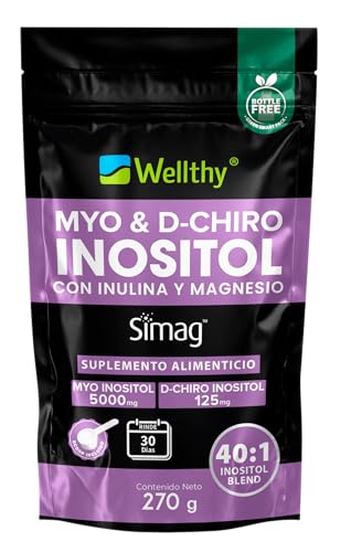Wellthy Myo & D-Chiro Inositol Polvo 270g con Magnesio Marino. Mezcla óptima 40:1 5000mg Myo Inositol, 125mg D-Chiro Inositol, Magnesio 330mg. 100% Naturales,...