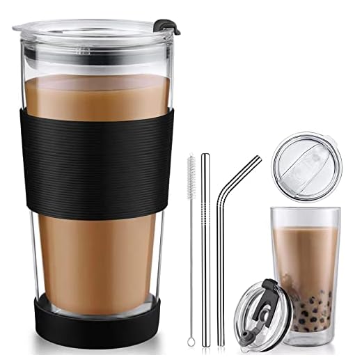 18 oz Double Wall Glass Tumbler with Straw and Leak-proof Plastic Lid, Borosilicate Glass Coffee Travel Mug, To Go Clear Reusable Tea Cup, BPA-free, for Hot and Cold, Microwavable