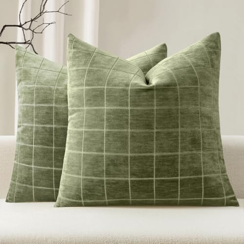 Image of MIULEE Sage Green Plaid Decorative Throw Pillow Covers 20x20 Set of 2 | Vintage Check Chenille Couch Pillows Neutral Boho Farmhouse Cushion Covers Modern Home Decor for Sofa Bed Living Room